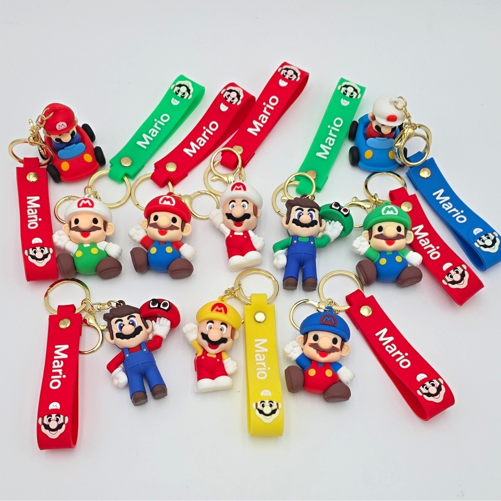 NEW (Lot of 10)Super Mario & Luigi Charm Keychains w/ Wrist Strap & Lobster Claw